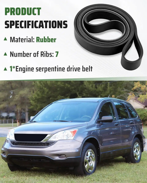 Premium Serpentine Engine Drive Belt Fits Honda CR-V 2010 And 2011 With 2.4L V6 Engine Replaces K070685 And Part Number 56992REZA01, rubber material with 7 ribs.