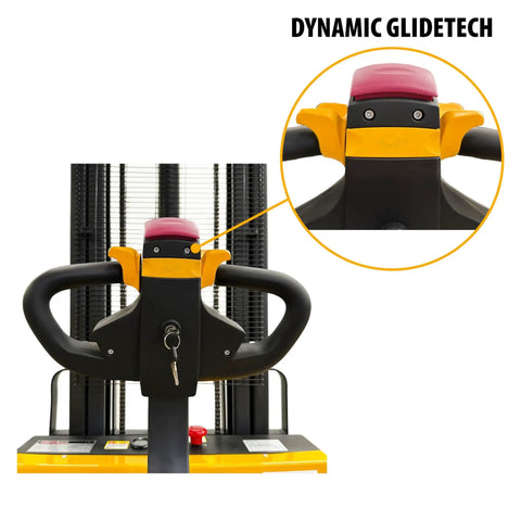 Close-up of dynamic glidetech controls on Heavy Duty Fully Electric Wide Leg Pallet Stacker With 3307 Pound Load Capacity And 130 Inch Lift Height.
