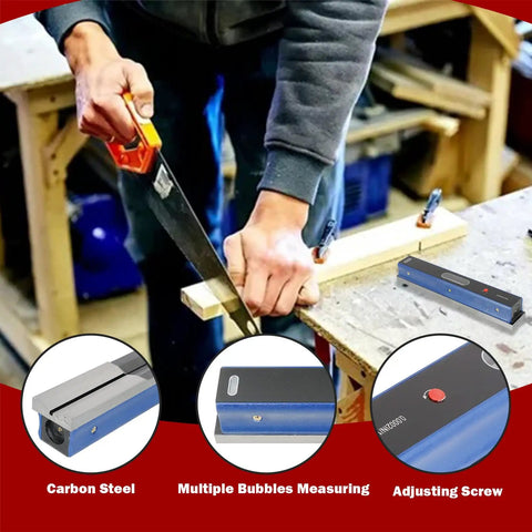 Woodworker using a saw with a 12 Inch Precision Level With Box For Machinists And Toolmakers, 0.0002 Inch Per 10 Inch Accuracy, Carbon Steel Construction nearby.