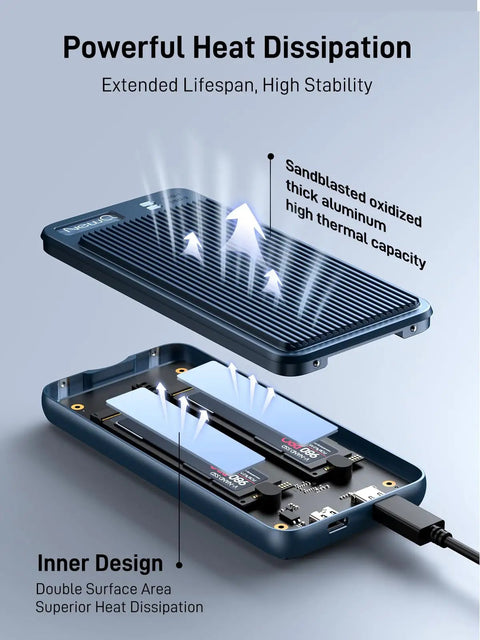 Heavy Duty Dual Bay Nvme Enclosure Boasts Straight Up Raid 0 1 Jbod And No Sweat Clone Mode For Kickin Fast Speed On 2280 M2 Ssd Portable External Storage Drive, showcasing internal components with heat dissipation features.