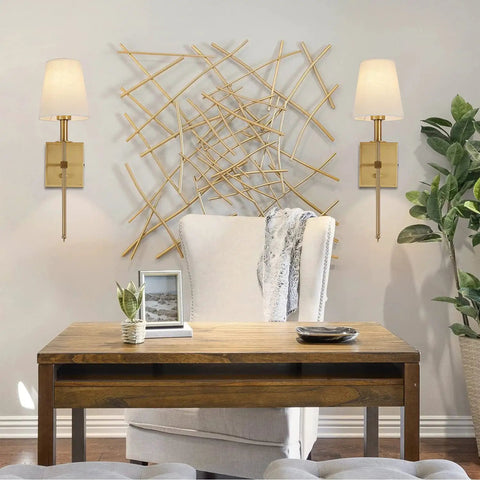 Gold Linen Wall Sconce Dimmable On Off Dimmer Modern Bathroom Vanity Light with fabric shade in cozy living room setting