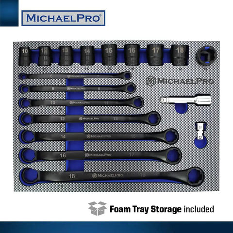 18 Piece Bolt Extractor Wrench And Socket Set For Tackling Tough Bolts With 45 Degree Offset Wrenches Metric 6-19mm 6 Point Box End For Rounded Stripped And Thin Bolts CR-V Steel Extractor Sockets 10-19mm Extension Bar Included in foam tray