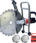 Heavy Duty 5000W Brushless Wet Cut Ring Saw With Integrated Water Pump And Twin Diamond Blades, featuring large 16 inch blades.