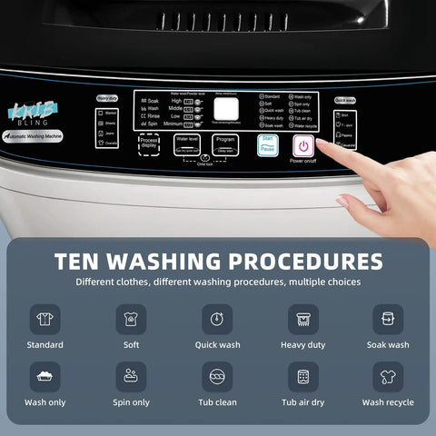 Super Compact Portable Washing Machine Grey Fully Automatic Top Load Washer control panel displaying ten wash modes.