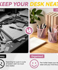 Before vs after desk organization with 3 Pack Mesh Metal Pen Holders Set 3.5x3.8in Desk Organizer Cups For Office And Home
