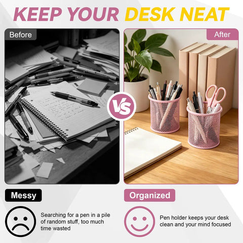 Before vs after desk organization with 3 Pack Mesh Metal Pen Holders Set 3.5x3.8in Desk Organizer Cups For Office And Home