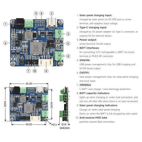 MPPT Dope Solar Power Manager Module With Battery Holder, Supports 6V To 24V Panels, Type C Power Input, circuit board layout