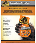 Gorilla Clear Repair Tape packaging with focus on strength, weatherproof seal, durability, and easy-tear hand usage features.