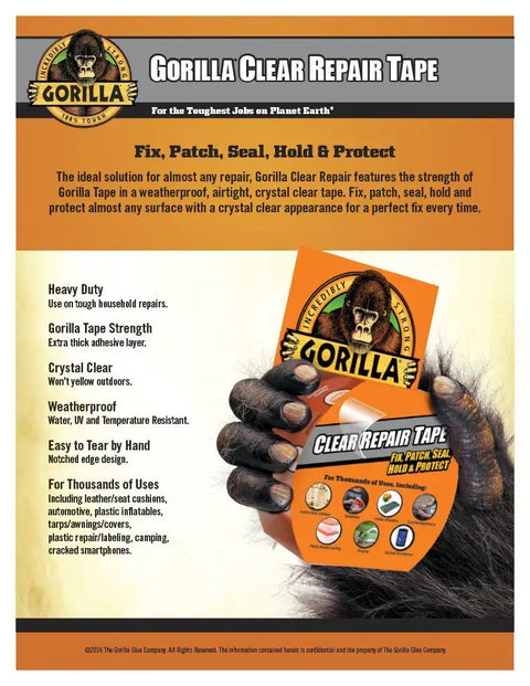 Gorilla Clear Repair Tape packaging with focus on strength, weatherproof seal, durability, and easy-tear hand usage features.