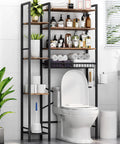 Freestanding Eight Tier Over The Toilet Storage Rack With Adjustable Shelves And Drain Basket Vintage Brown bathroom organizer with towels.