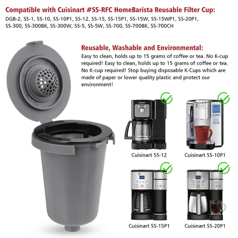 Reusable Filter Cup For Cuisinart HomeBarista Coffee Makers, Compatible With SS-RFC Series, Dark Gray, 2-Pack, shown upright with open lid.