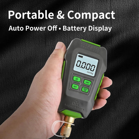 Super Stars digital vacuum gauge handheld with gray body and green accents, 1/4 inch SAE fitting, LCD display
