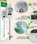 7 In 1 Soil Tester Kit With Dual LCD Readouts showing packaging and close-up of readouts for moisture, pH, fertility, temperature, and humidity.