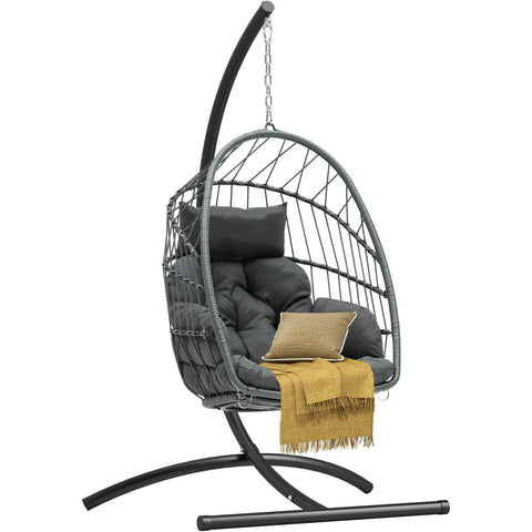 Egg Chair With Stand For Indoor And Outdoor Use, Hanging Rattan Wicker Swing Chair With Cushion, 300 Lb Weight Capacity, Ideal For Porch, Garden, Balcony, Patio Or Bedroom, Gray