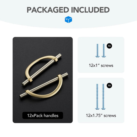 Brushed Brass And Brushed Nickel Cabinet Pulls 5 Inch Center To Center Curved Handles with screws, 12 pack, zinc alloy.