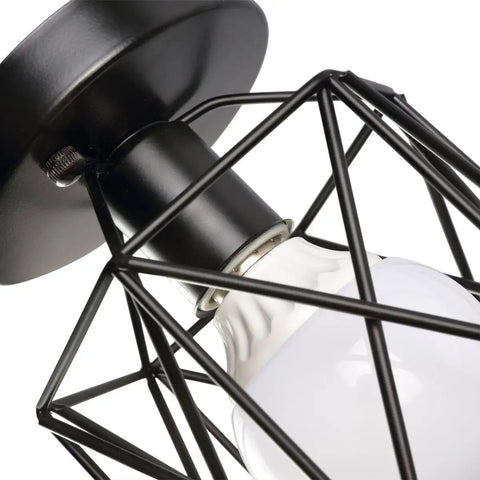 Close-up of Dope Industrial Semi Flush Mount Ceiling Light featuring a sick black cage design with a white bulb inside.
