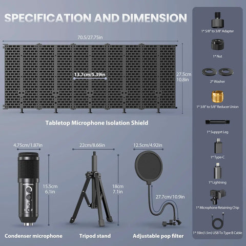 Specifications for USB Condenser Microphone Kit with Isolation Shield Pop Filter and Tri Stand for Laptop PC Mac and Phone