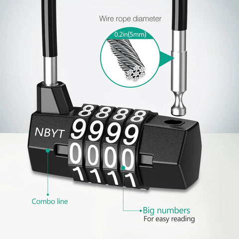 Close-up of Tough As Nails Heavy Duty Long Shackle Padlock With 4 Digit Resettable Combination And Steel Cable