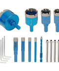 Diamond Tile Hole Saw Kit 13 Piece Set With Eight Diamond Hole Saws From 6mm To 50mm Including 4 Replacement Bits And A 6mm Cross Bit