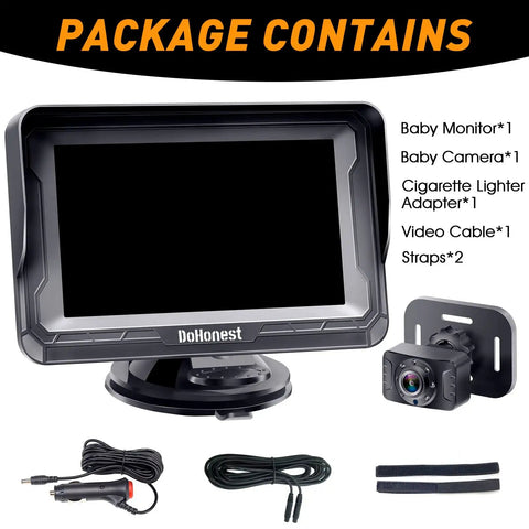 Cruise With Confidence Using This Rear Facing Baby Car Camera Featuring HD 1080P Clarity Ultra Wide View And Smooth Night Vision To Keep Tabs On Your Tot All Day Long package contents including monitor, camera, and cables.