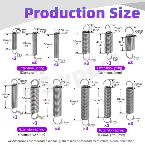 Solid Carbon Steel Spring Assortment Kit With 250 Piece Count Featuring 5 Versatile Compression Sizes For Heavy Duty Repairs And DIY Projects To Keep Your Gear Running Smooth And Tough Out There. product size chart for extension springs