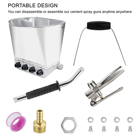 Cement Mortar Stucco Sprayer With Four Replaceable Spray Jets And Plaster Hopper components displayed including handle and fittings.