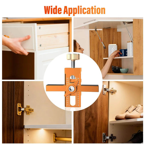 2-In-1 Cabinet Door Mounting Jig With Adjustable Positioner and aluminum alloy leveling tool in use on cabinet doors, showcasing wide application.