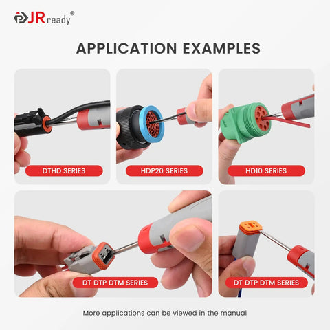 6 Piece Deutsch Pin Removal Tool Kit for DT DTP DTM HDP20 HD30 DRC Series Connectors Pin Extractor Tools shown in use on various connectors.
