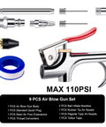 9 Piece 2 Way Air Nozzle Blow Gun Set With 1/4 Inch Quick Fitting, four nozzles, and teflon tape for air compressors, max 110 PSI