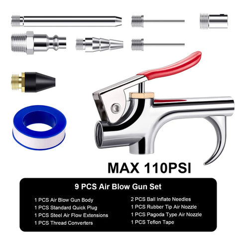 9 Piece 2 Way Air Nozzle Blow Gun Set With 1/4 Inch Quick Fitting, four nozzles, and teflon tape for air compressors, max 110 PSI