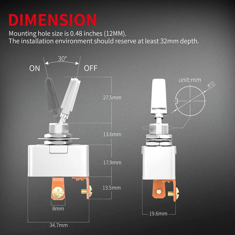 Beefy Heavy Duty 50 Amp 12V Rocker Toggle Switch SPST Two Pin Metal Chrome Plated Terminal For Automotive Electrical Use On Off Switch Durable Chrome Plated Housing Pack Of 2, 12mm mounting hole