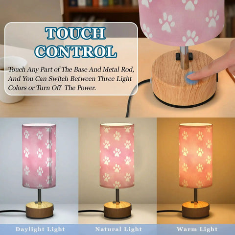 Dope Dog Paw Print Watercolor Bedside Lamp With 3 Way Dimmable Touch Control And Built In Charging Station showing light modes