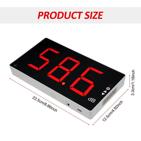 Digital Sound Level Meter With Large LCD Display, Dead Easy To Use Decibel Meter For 30 To 130 dB Range, Upper And Lower Alarm, Adjustable Alarm Time 5 To 120 Seconds, Ideal For Home, Office, Studio, Or Construction Noise Checks. product size 22.5 x 12.5 x 3.3 cm