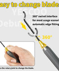 Front view of YESCOO deburring tool with 360° swivel head and 10 extra high-speed steel blades; black knurled handle.