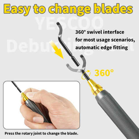 Front view of YESCOO deburring tool with 360° swivel head and 10 extra high-speed steel blades; black knurled handle.
