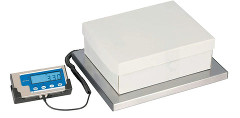 Heavy Duty 400 Pound Portable Shipping Scale With 12 X 15 Inch Platform showing a white box on a metal platform and control pad.