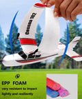 Close-up of Easy To Fly 2 Channel RC Plane With 2.4GHz Remote Lightweight EPP Foam Glider Beginner Friendly Cessna Style Aircraft.