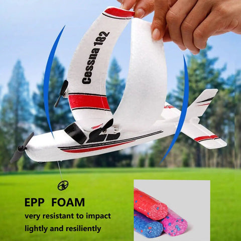 Close-up of Easy To Fly 2 Channel RC Plane With 2.4GHz Remote Lightweight EPP Foam Glider Beginner Friendly Cessna Style Aircraft.