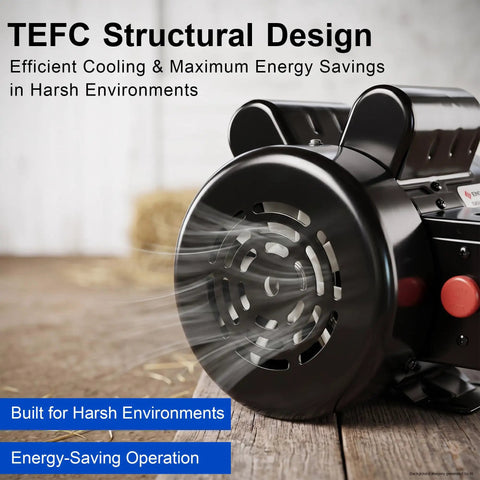Tough As Nails 3/4 Horsepower Electric Motor with TEFC structural design for cooling and energy savings in harsh environments.
