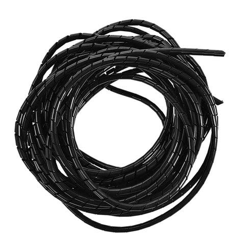 Slick Black Spiral Cable Wrap Tube Ten Meter Cord Manager for PCs and Home Office Setup rolled up, showcasing its flexible design.