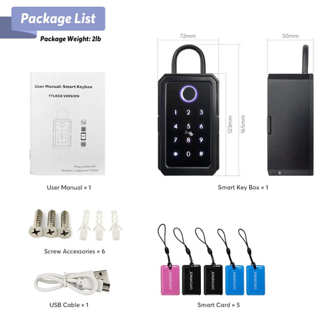 Wireless Key Lock Box With App Access And Bluetooth Ekey Dope Biometric Lockbox package contents displayed