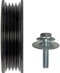Dorman 419-521 accessory drive belt idler pulley, front view; black ribbed pulley with mounting bolt