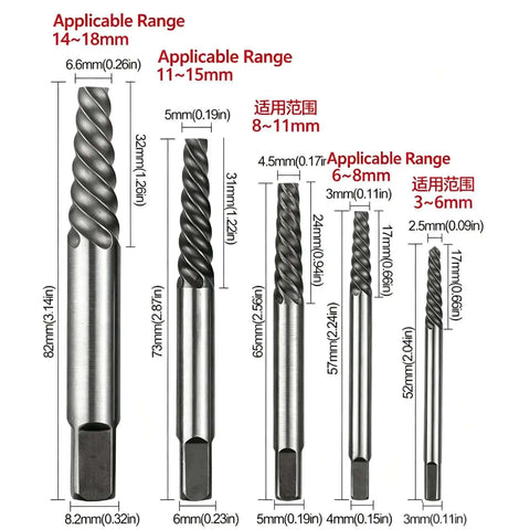Get This Awesome 15 Piece Bolt Extractor Kit To Fix Broken Screws And Bolts Fast, Featuring Left Hand Drill Bits With Five Sizes Plus Backup Bits For Any Tough Job. Five steel spiral extractor bits, size chart with 3 to 6 mm ranges