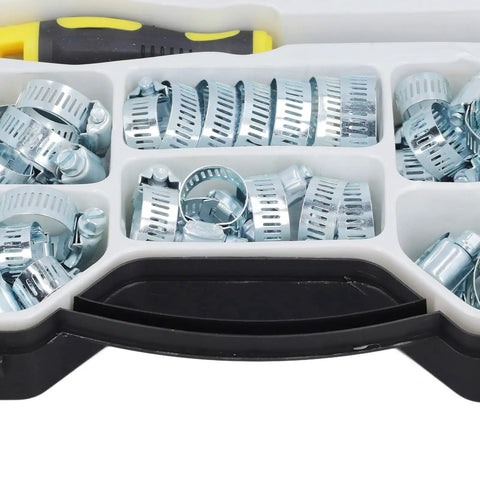 All In One Hose Clamp Kit 49 Pcs Adjustable Clamps 13 To 44 mm With 8 mm Hex Screwdriver Galvanized Carbon Steel in case
