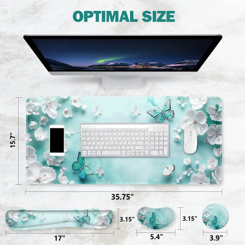 Dope Large 4 In 1 Mouse Pad Desk Pad Set With Keyboard And Mouse Wrist Rests XXL 35 By 15 Inch Non Slip Base Stitched Edges Teal Butterfly Design Includes Cup Coaster For Home Office, showing top view with floral and butterfly print.