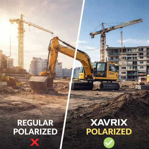 Worksite Ready Detachable Side Shield Safety Glasses With Sharp Polarized UV400 Lenses Featherlight TR Frame Protective Eyewear Built Tough For The Daily Grind In Slick Matte Black comparison of polarized lenses in a construction setting