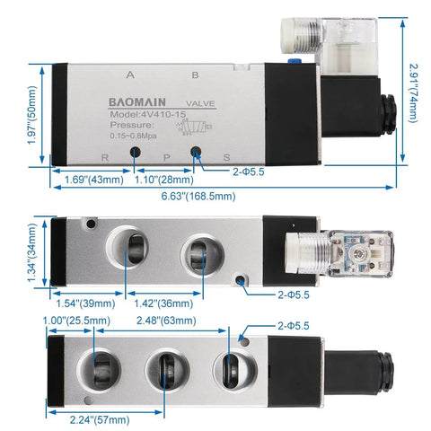 Industrial Pneumatic Solenoid Valve 4V410-15 With AC 110V Control, 5 Way 2 Position Internally Piloted Acting Type, dimensions shown