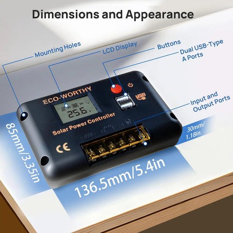 30A Solar Charge Controller With Bluetooth And Dual USB Ports For 12V And 24V Systems showing dimensions and ports placement.