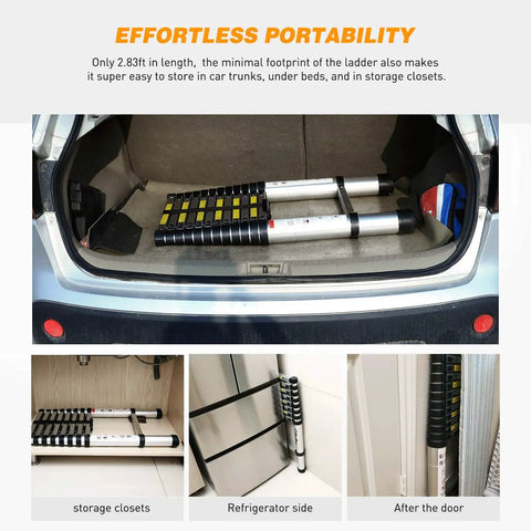 12.5-Foot Telescoping Aluminum Ladder in car trunk, compact size for easy storage, EN131 Certified, extendable with spring locking