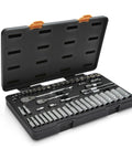 53 Piece Mechanic Tool Set With Quarter And Eighths Inch Drives, Metric And SAE Six Point Standard And Deep Sockets, Case Open
